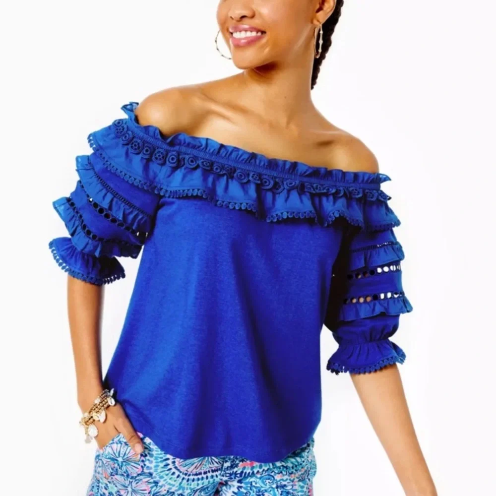 Lilly Pulitzer Brentwood Top in Blue Grotto $108 Puff Sleeve Eyelet Size XS